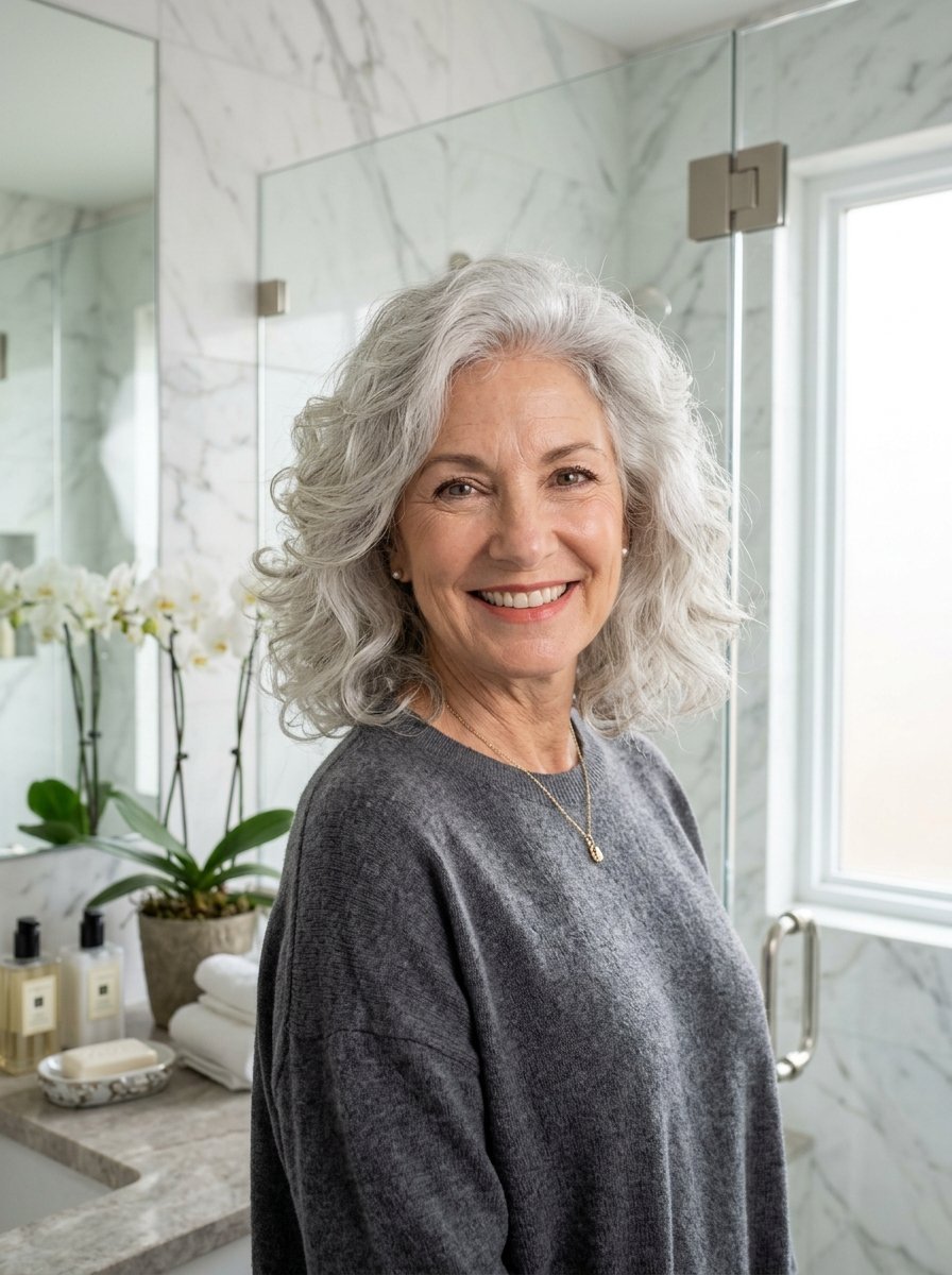 Portrait of a cheerful woman with shoulder-length wavy grey hair wearing a grey sweater in a marble bathroom.