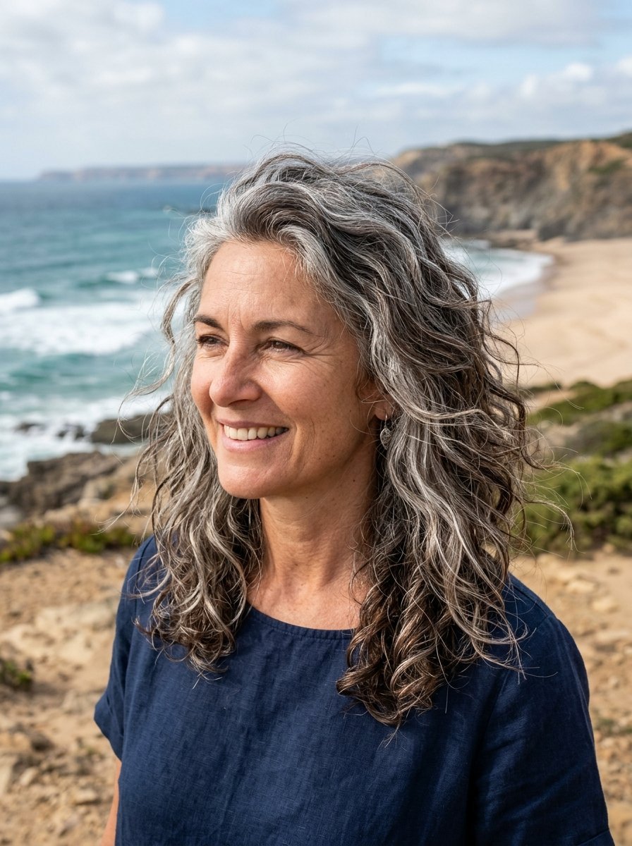 Portrait of a smiling middle-aged woman with silver-streaked hair standing on a rocky beach overlook.