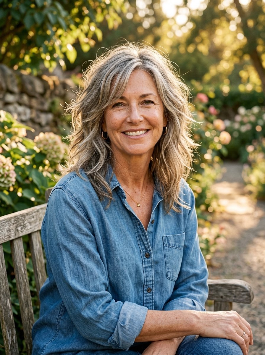 Portrait of a middle-aged woman wearing a denim shirt smiling in a sunlit garden.