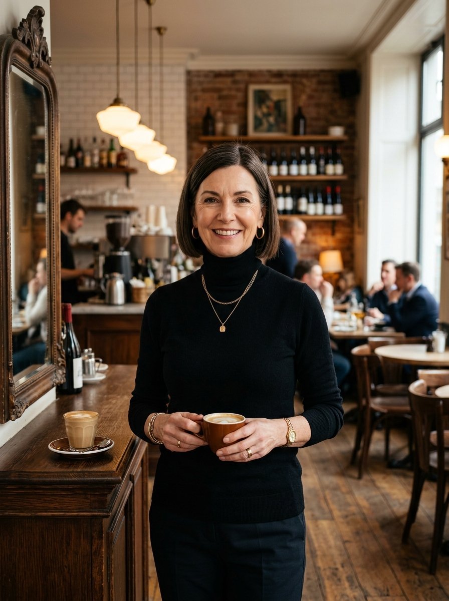 Middle-aged woman in black turtleneck holding a coffee mug inside a rustic restaurant with brick walls.
