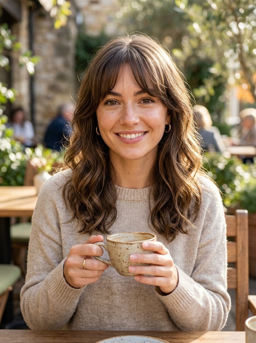 Portrait of a young woman with brown hair and bangs wearing a beige sweater while holding a speckled coffee cup.