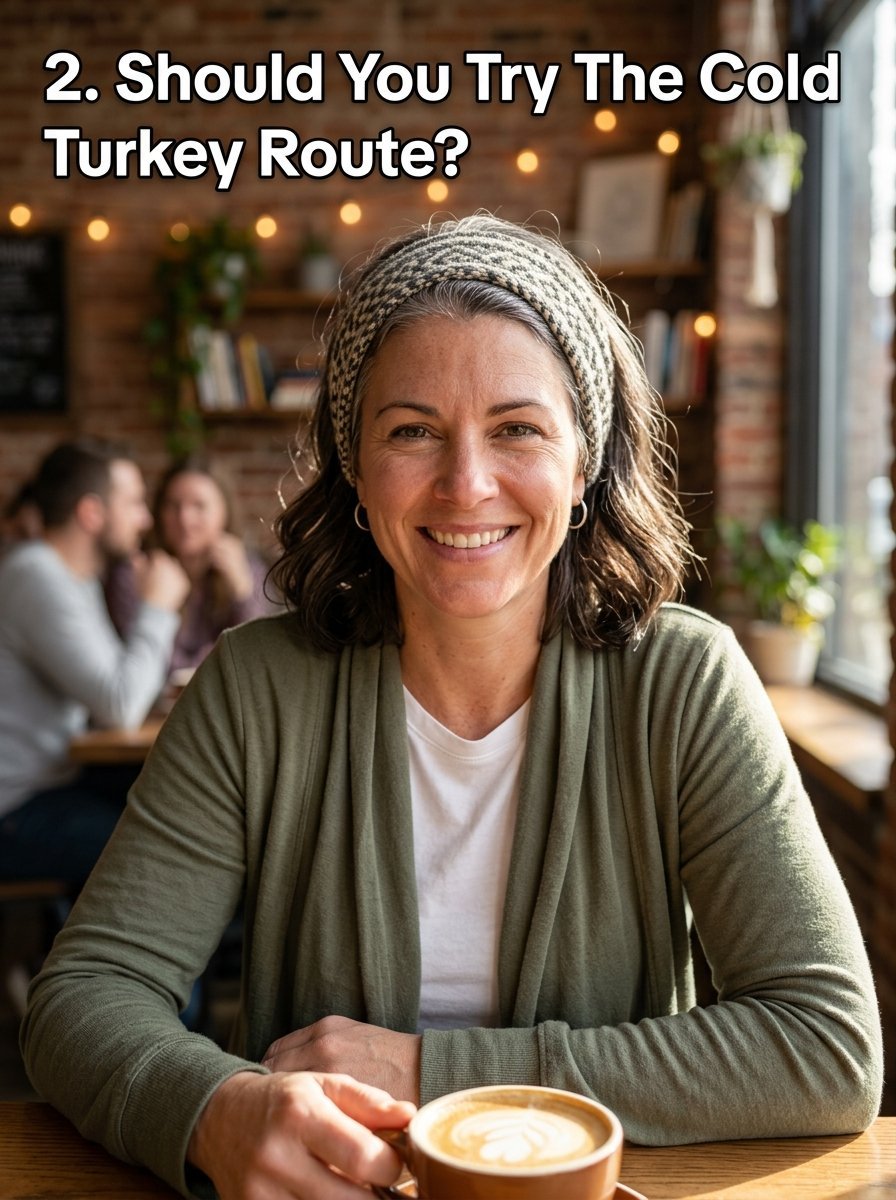 A middle-aged woman wearing a headband and green cardigan smiles while sitting at a table with a latte.