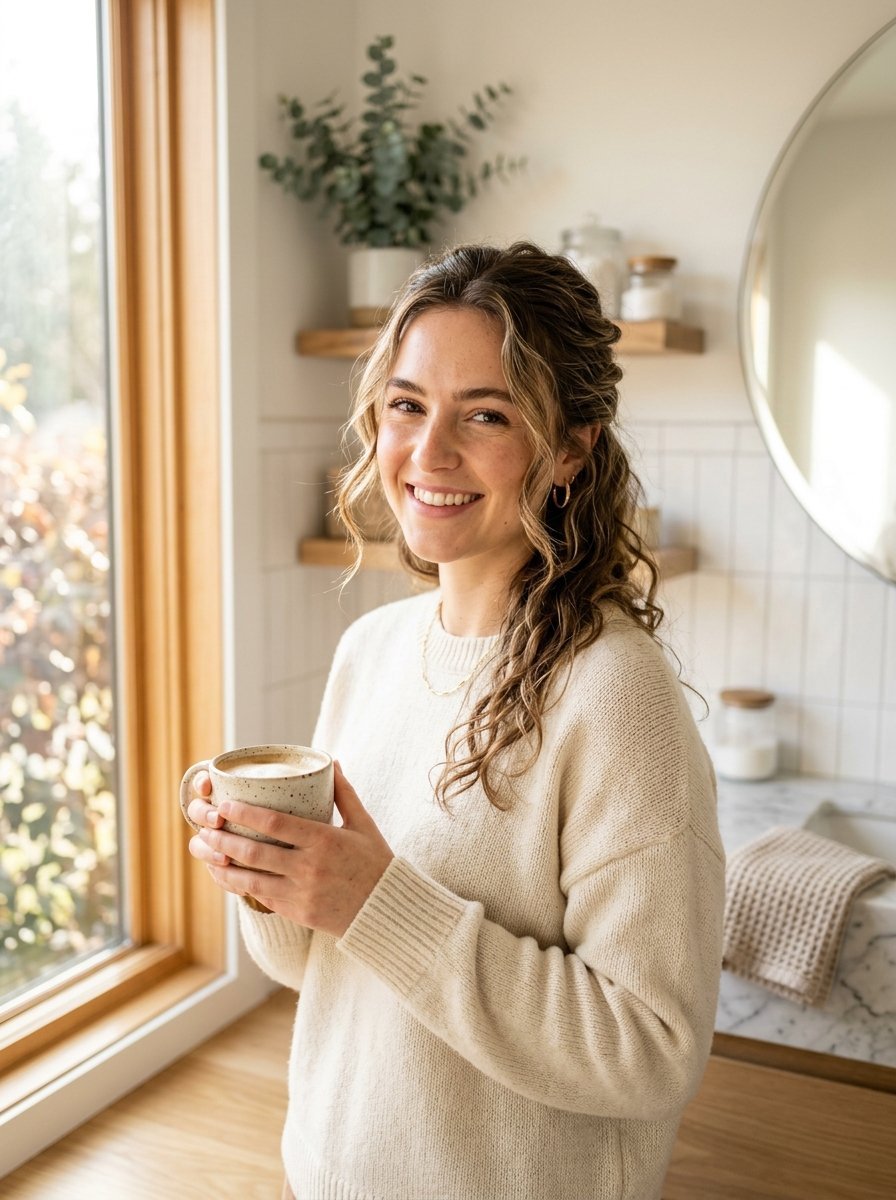 A woman in a cream sweater smiling while holding a ceramic mug near a bright kitchen window.