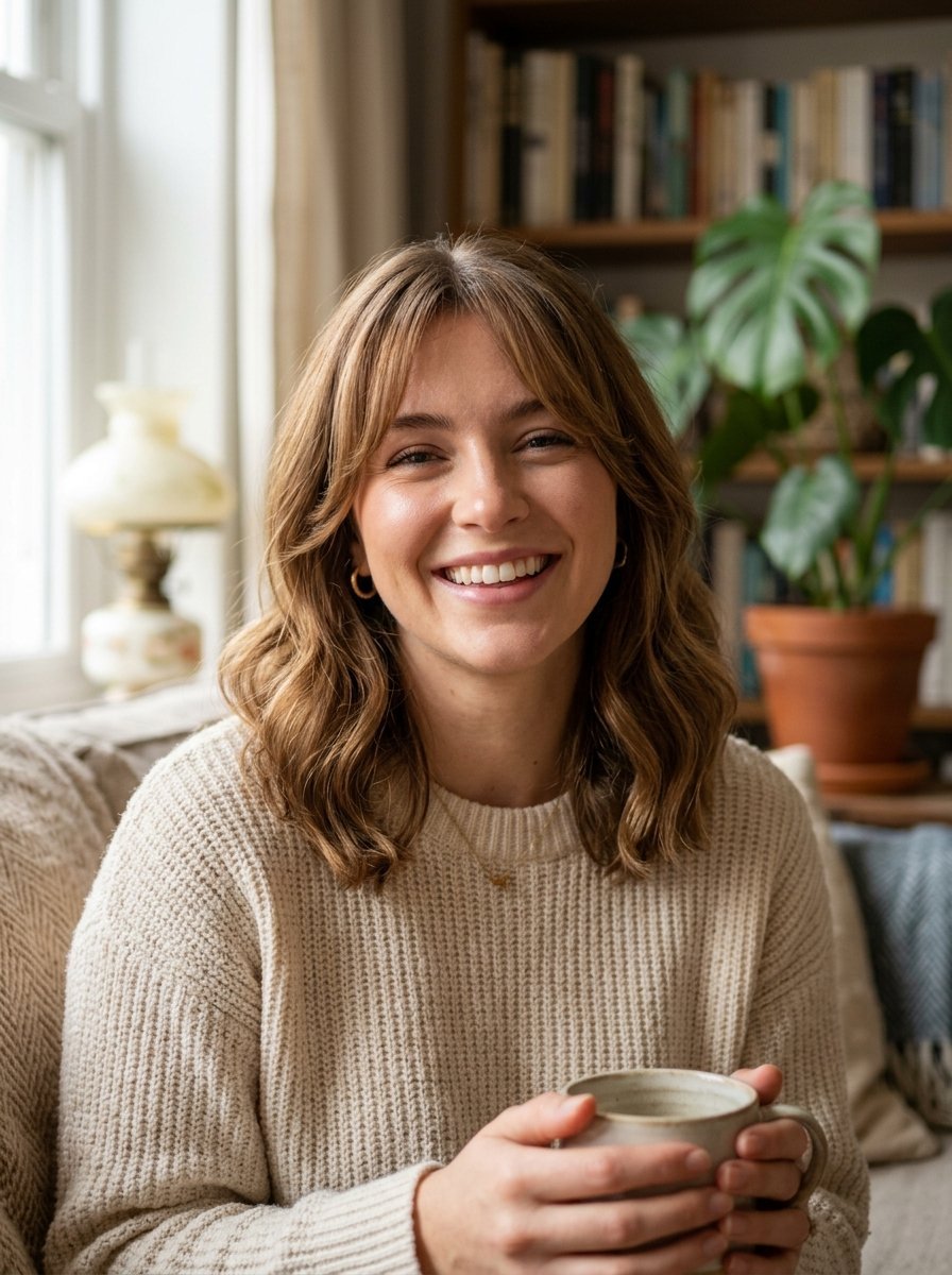 Close up of a happy young woman with brown hair holding a ceramic mug while sitting on a couch in a library room.