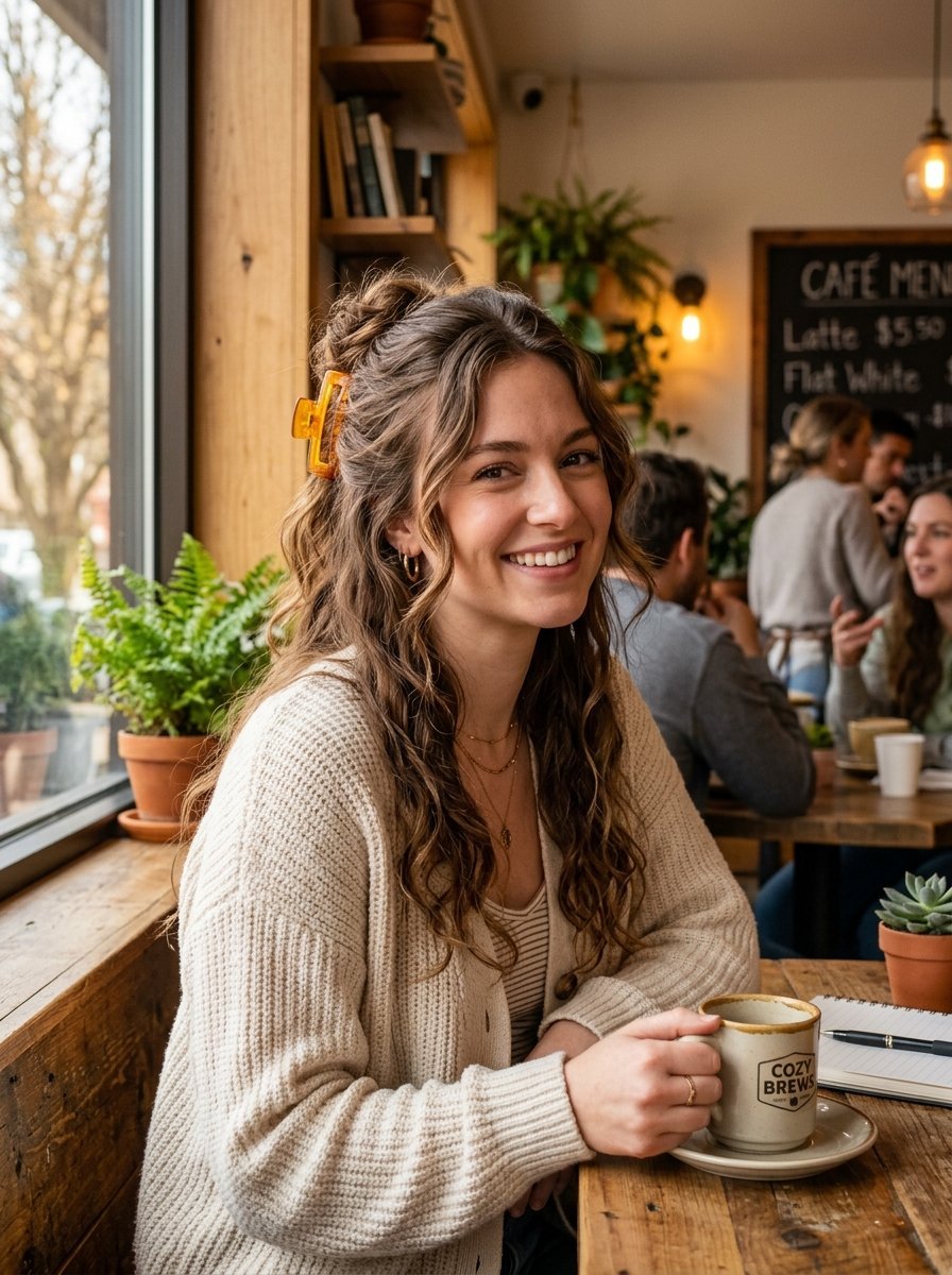A smiling woman with a hair clip wears a cream cardigan while holding a mug in a sunlit coffee shop.