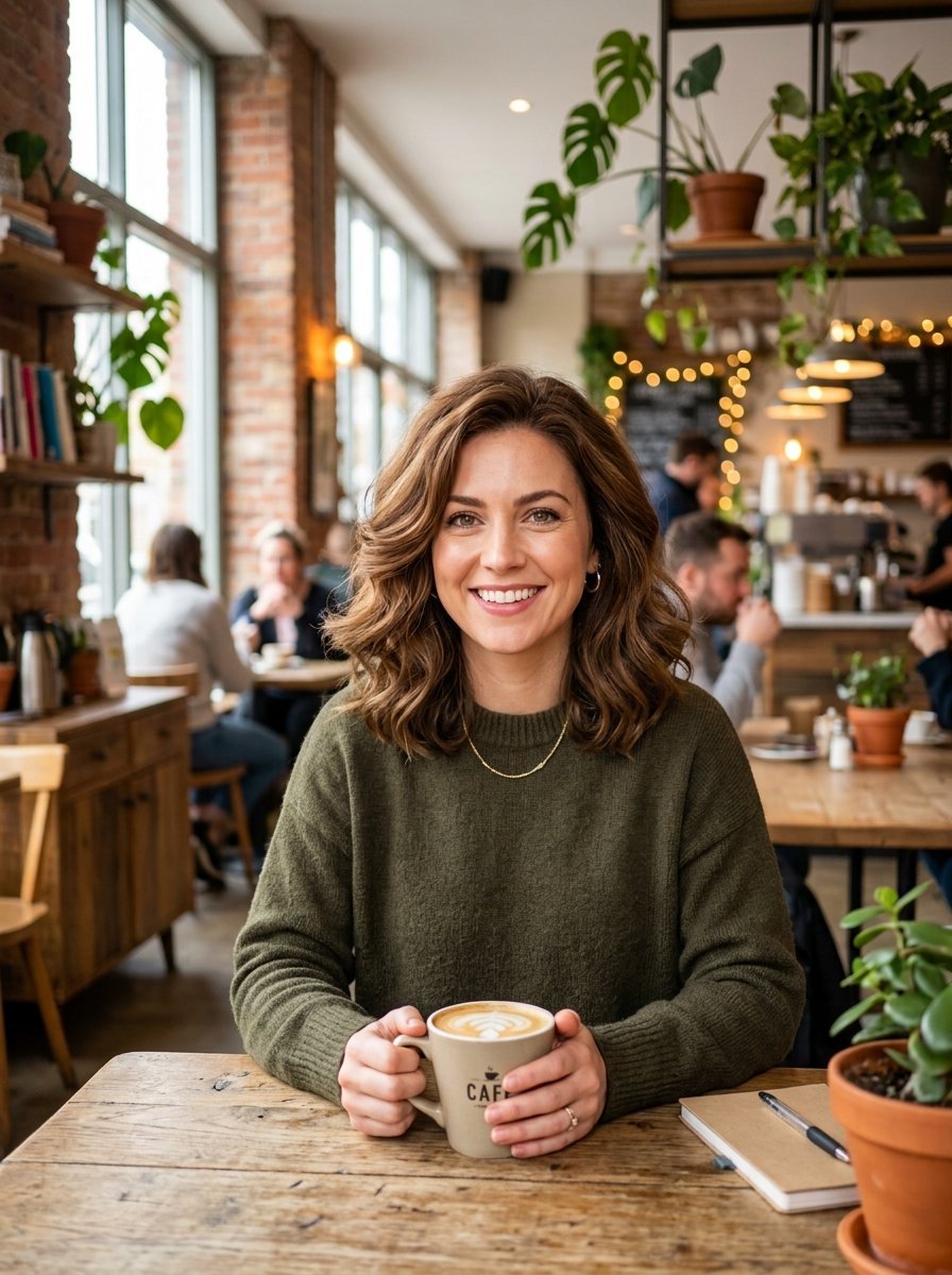 A smiling woman with brown hair wears a green sweater while holding a coffee cup at a wooden cafe table.