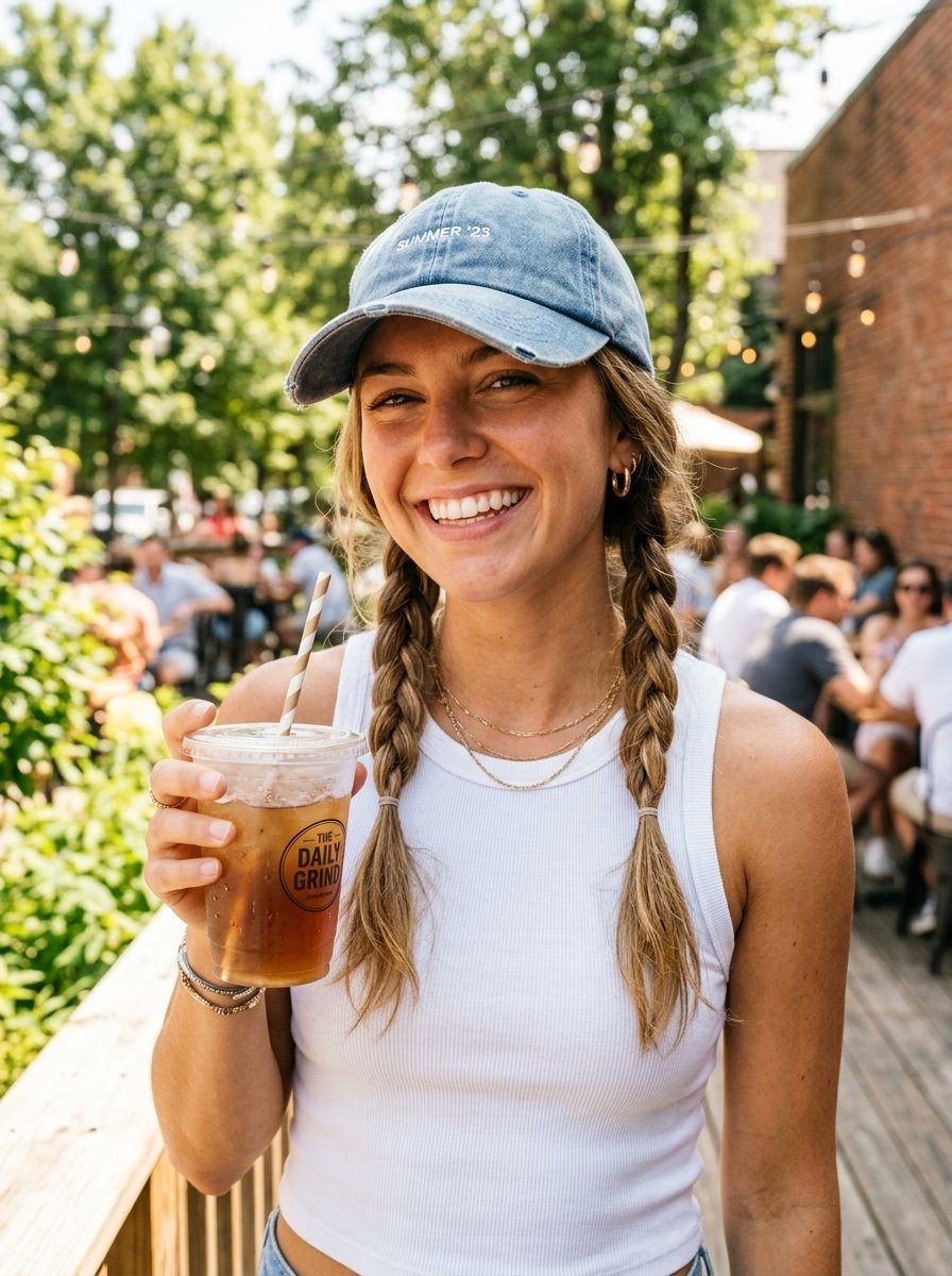 Young woman wearing a blue baseball cap and white tank top holds a plastic cup of iced tea on a sunlit patio.