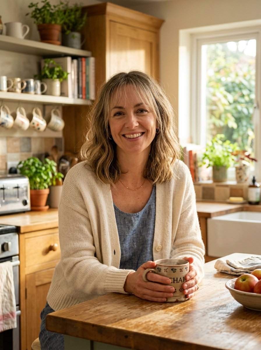 A smiling blonde woman wearing a cream cardigan sits in a rustic kitchen holding a warm ceramic cup.