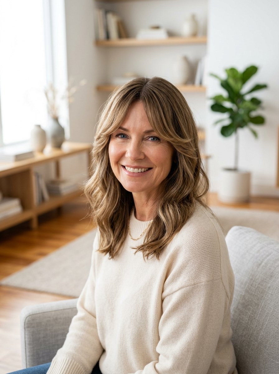 Portrait of a mature woman in a cream sweater sitting on a grey couch in a modern, sunlit home office.