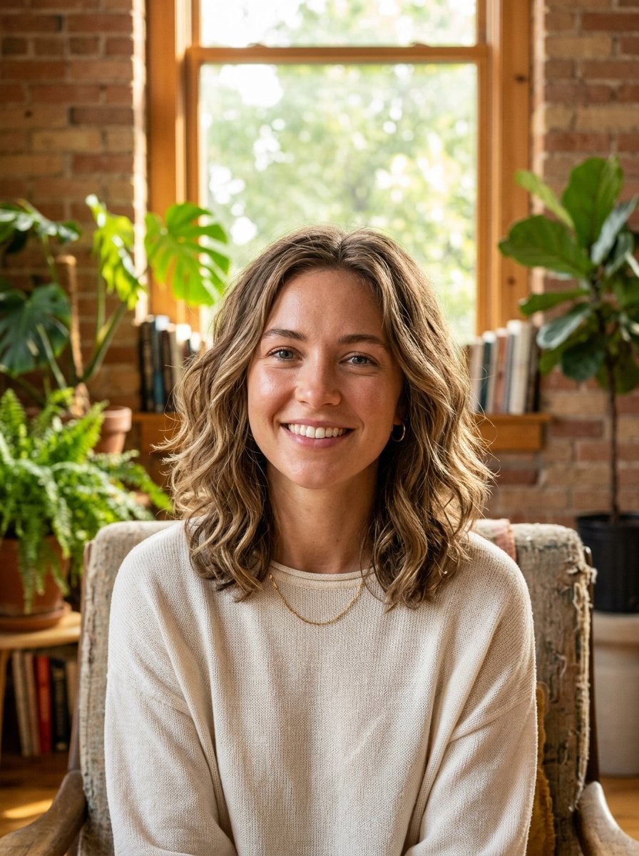 A friendly woman with wavy brown hair wearing a cream sweater sits in front of a brick wall and green houseplants.