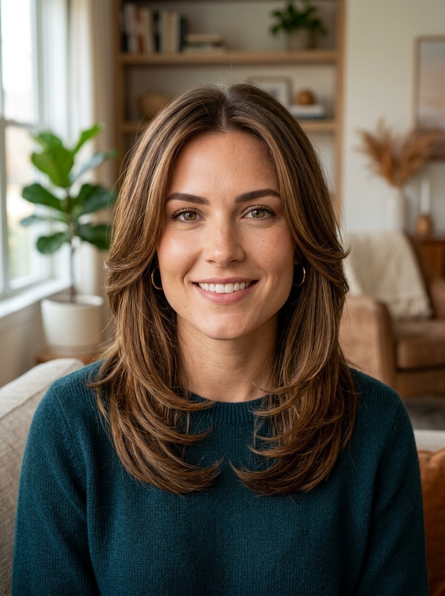 Portrait of a woman with highlighted brown hair smiling in a cozy, sunlit living room.