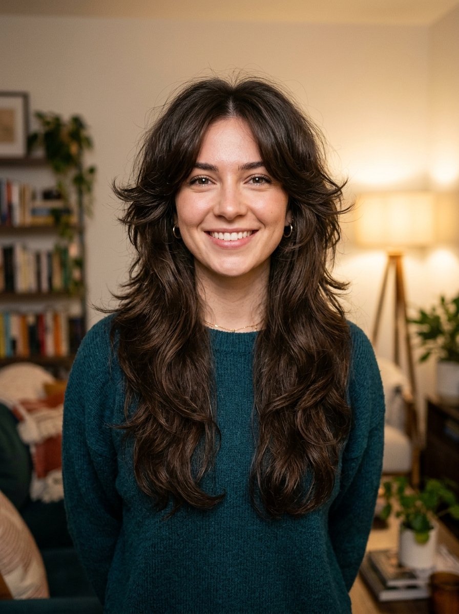 Portrait of a smiling woman with long wavy brown hair and curtain bangs wearing a teal sweater indoors.