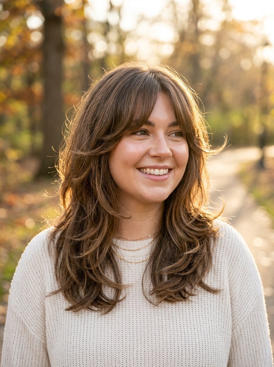Close-up of a happy woman with brown layered hair and curtain bangs wearing a cream sweater outdoors at sunset.