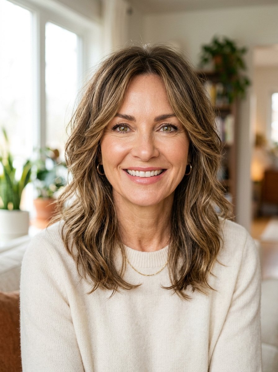 Close-up portrait of a cheerful woman with shoulder-length highlighted hair wearing a white sweater.