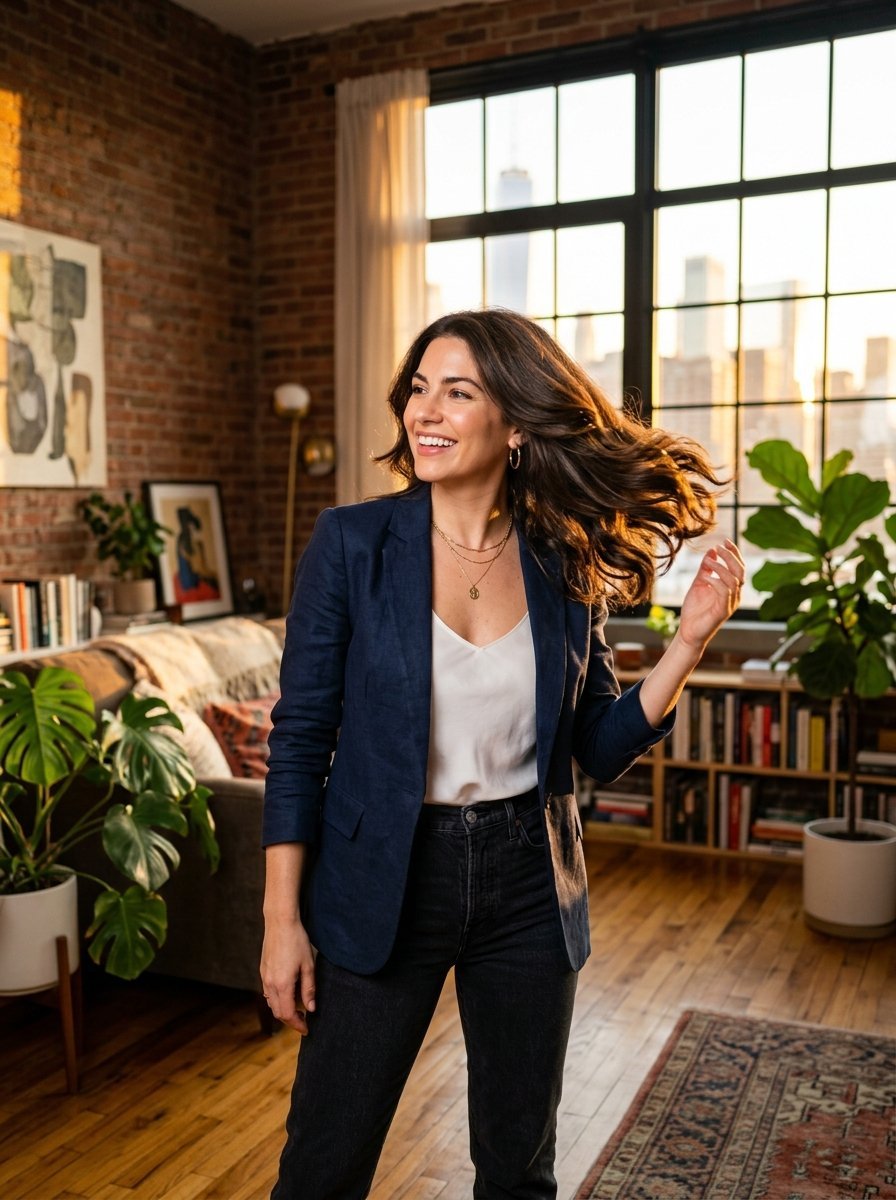 Young woman in a navy blazer and white top laughing while standing in a brick-walled living room.