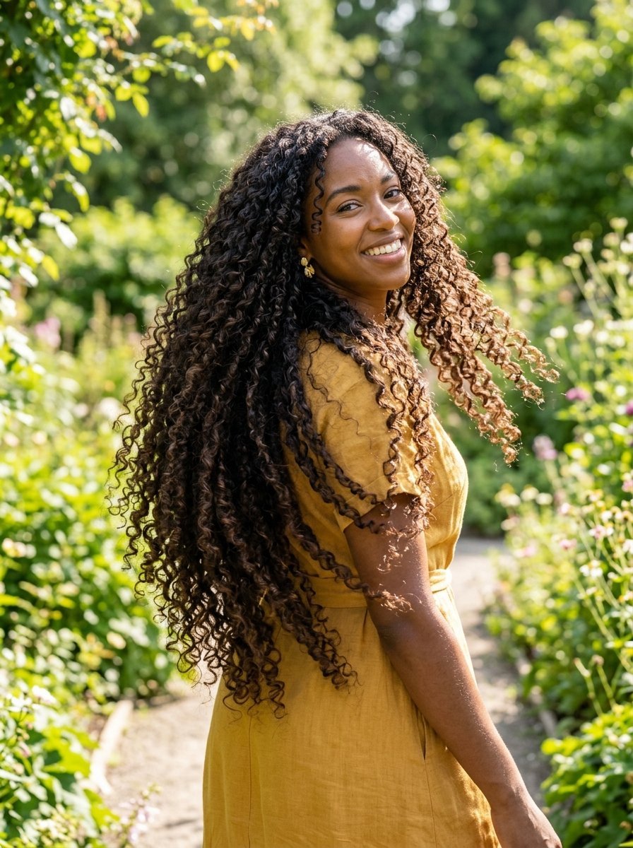 Portrait of a smiling woman with voluminous long curls standing in a sunny garden.