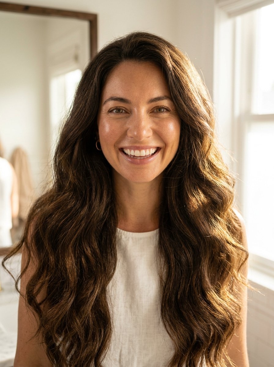 Close-up portrait of a cheerful person with thick dark hair and a white top standing in a bathroom.