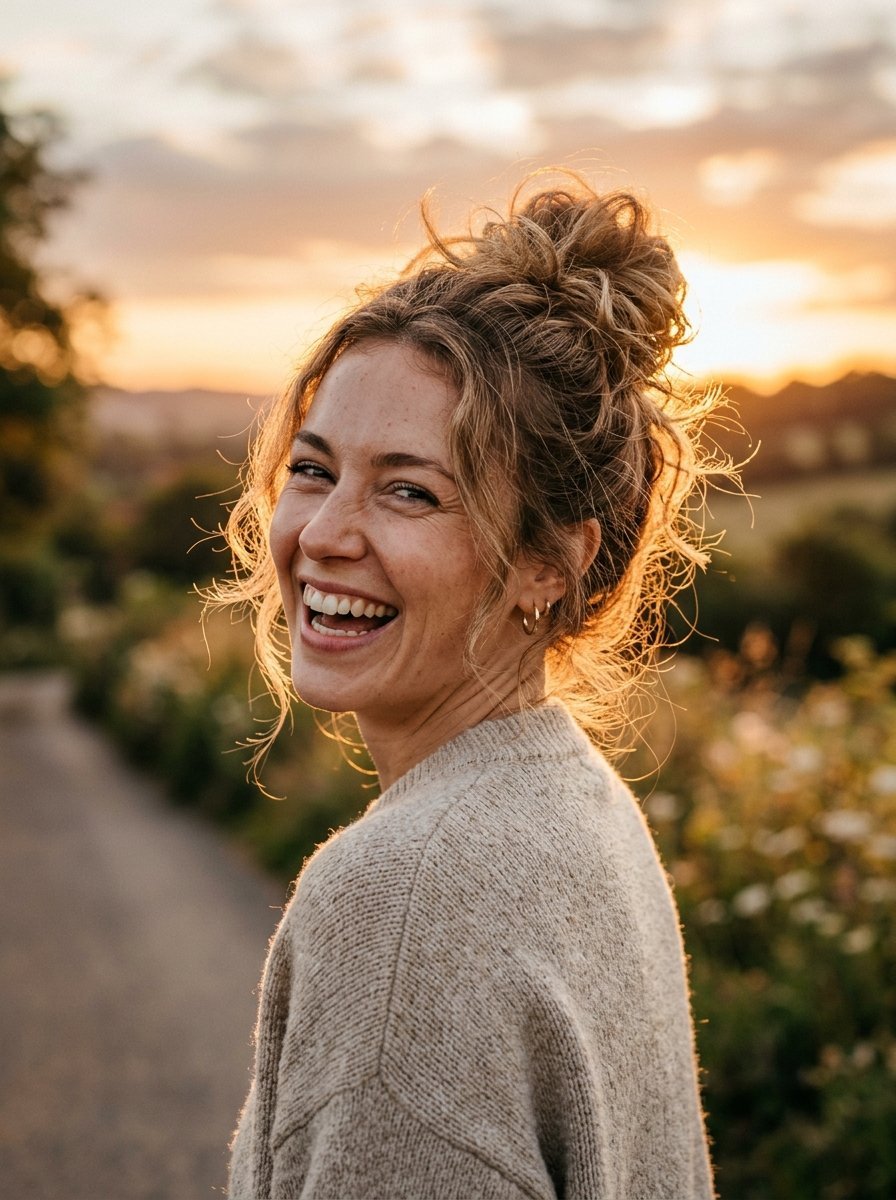 Portrait of a blonde woman with a messy bun looking over her shoulder at sunset.
