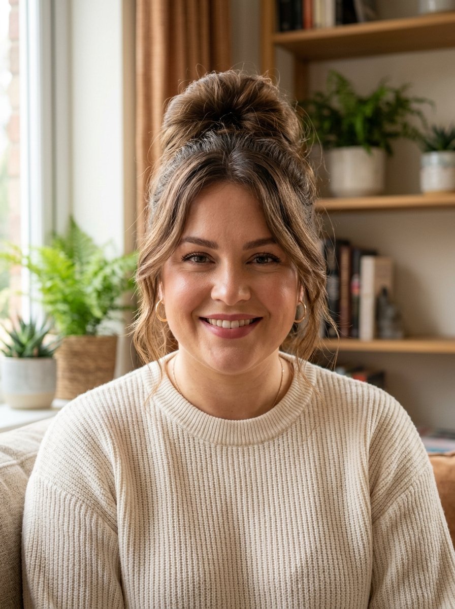 Portrait of a cheerful woman with a top-knot hairstyle and ribbed jumper sitting in a bright home interior.