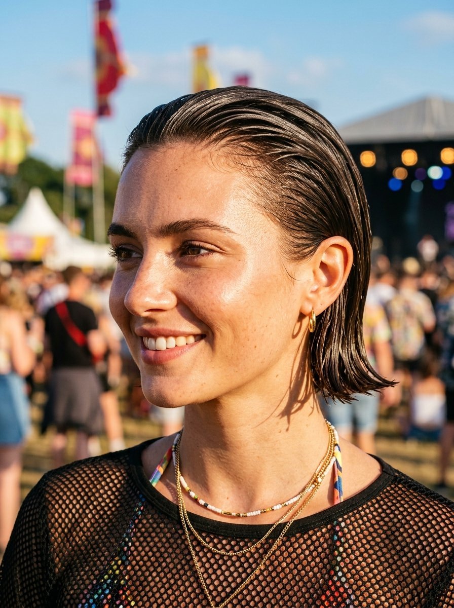 Portrait of a woman with slicked-back hair and layered necklaces smiling in a crowded outdoor concert setting.