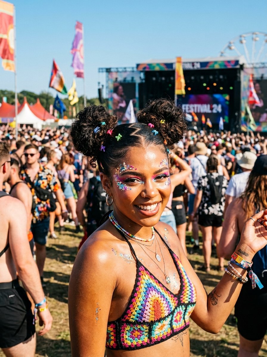 Young woman with glittery makeup and space buns posing at a crowded outdoor summer music concert.