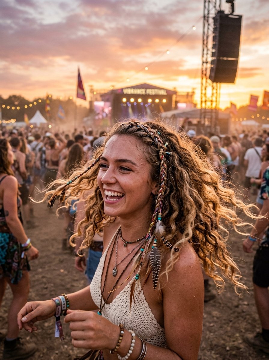 Happy woman with curly hair and braids dancing in a crowded outdoor festival field at golden hour.