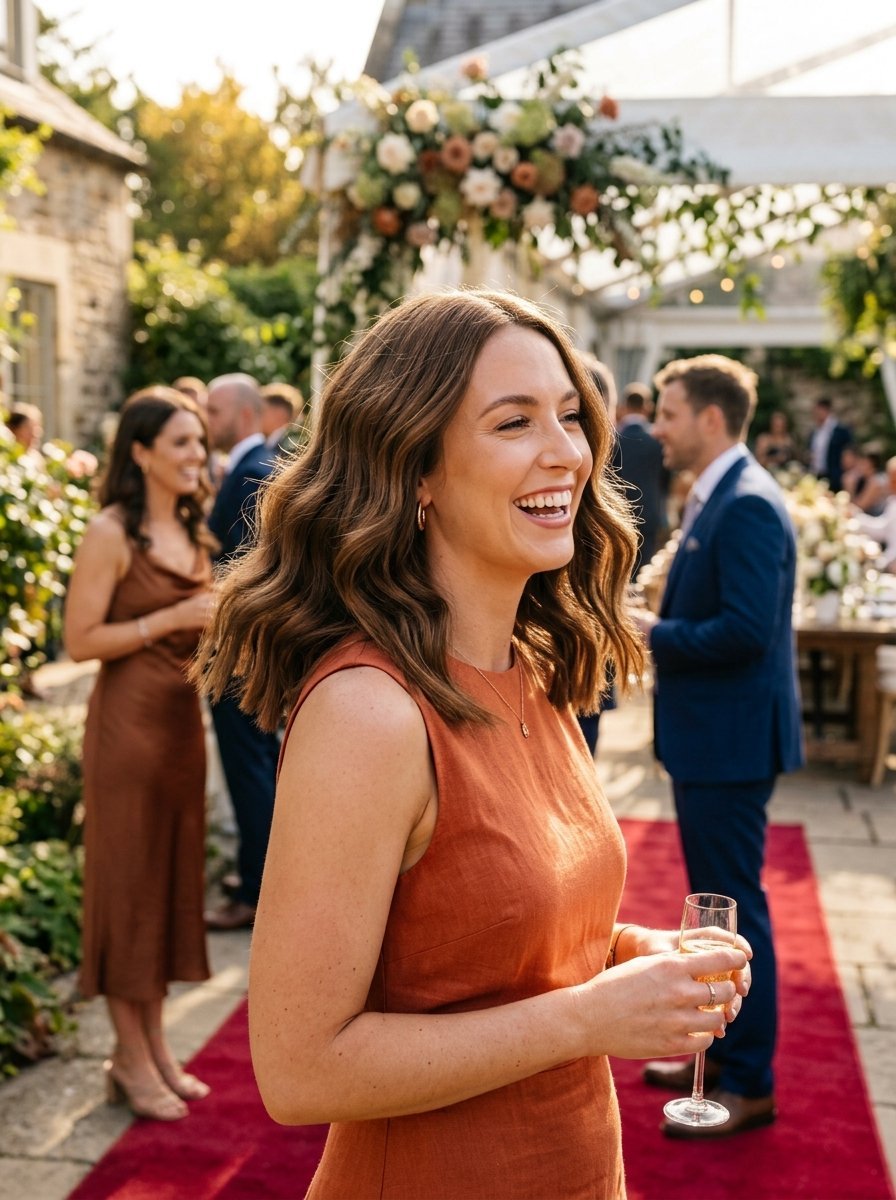 A smiling woman holding a champagne flute stands on a red carpet at an outdoor event.