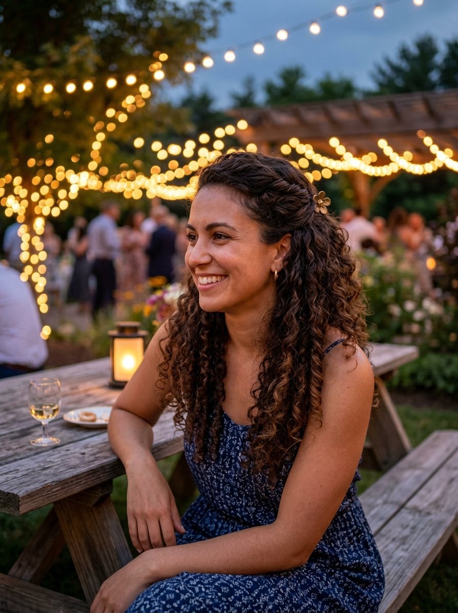 A curly-haired woman in a floral dress smiling at an outdoor evening event under fairy lights.