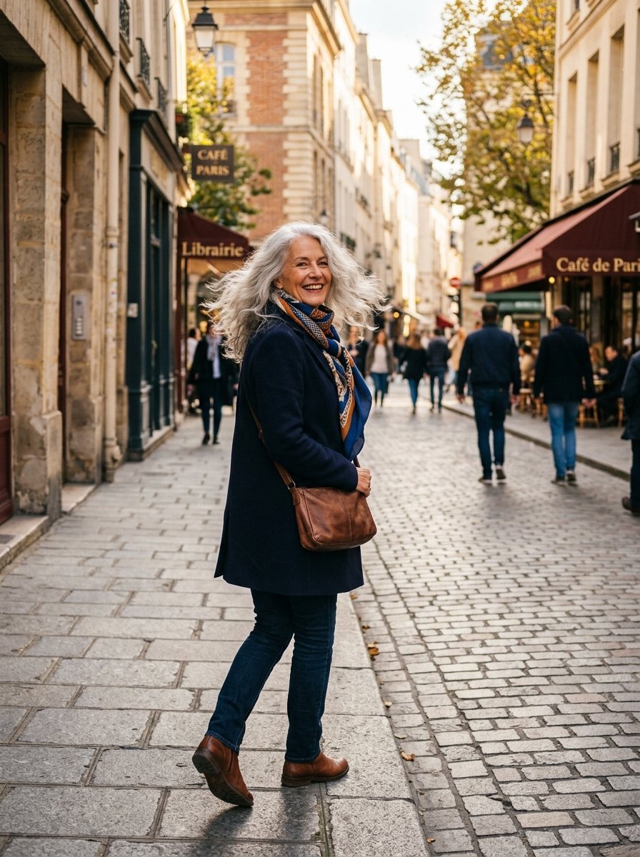 Silver-haired woman in a navy coat smiling while walking on a cobblestone path in Paris.
