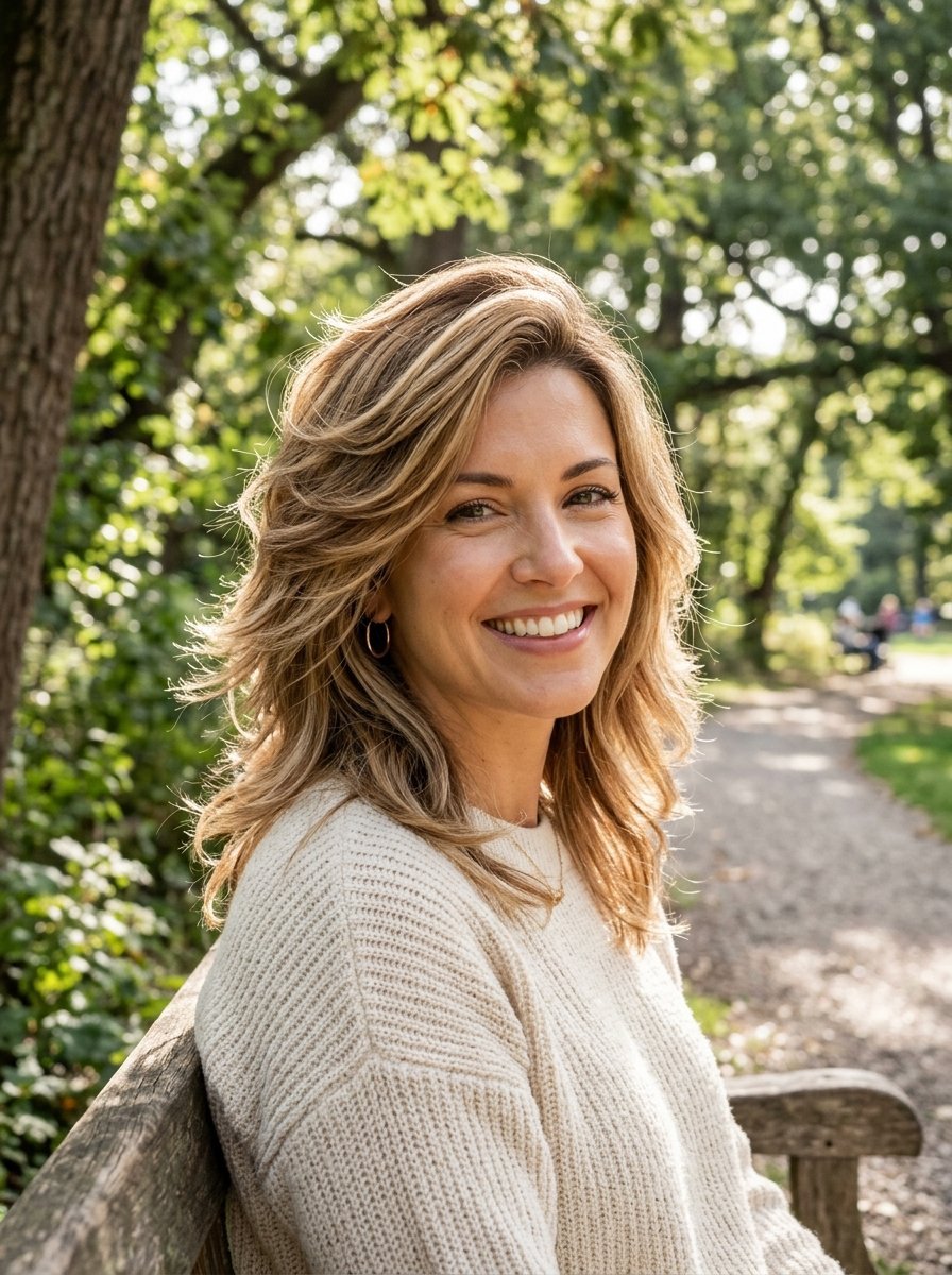 A cheerful woman wearing a cream sweater sitting outdoors on a wooden park bench with sunlight filtering through trees.
