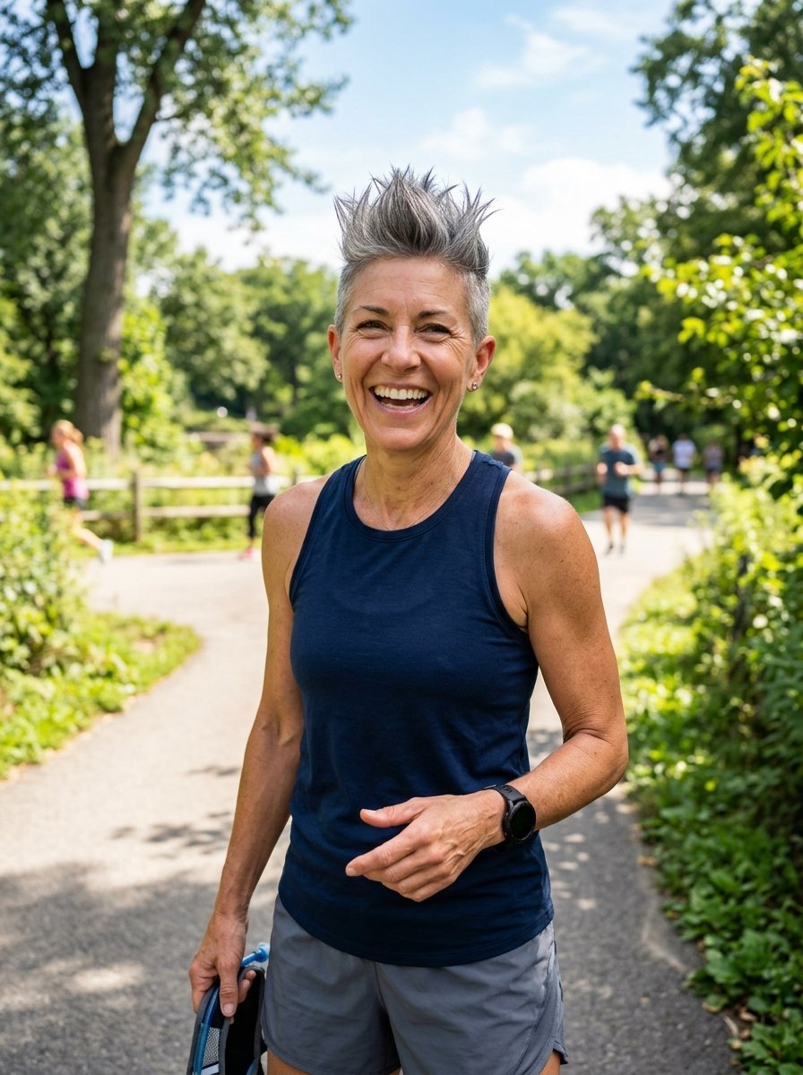 A woman with short spiked grey hair wearing a navy tank top laughing on a sunny outdoor paved walking path.