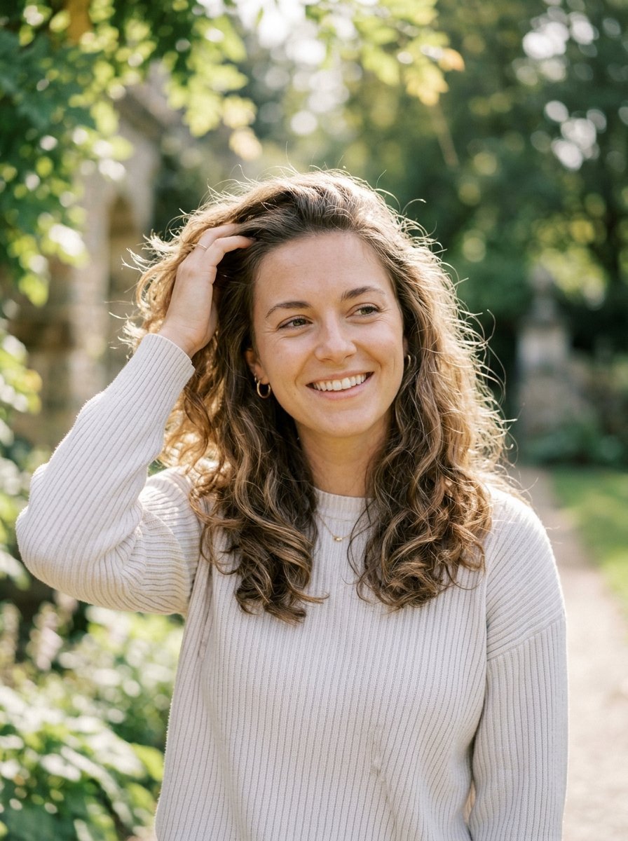 Portrait of a woman with curly hair touching her hair while standing in a garden with dappled sunlight.