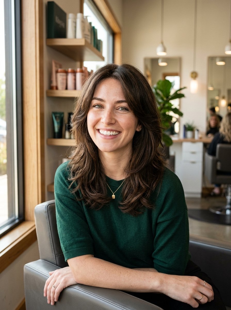 Portrait of a smiling woman with shoulder-length brown hair sitting in a leather salon chair.