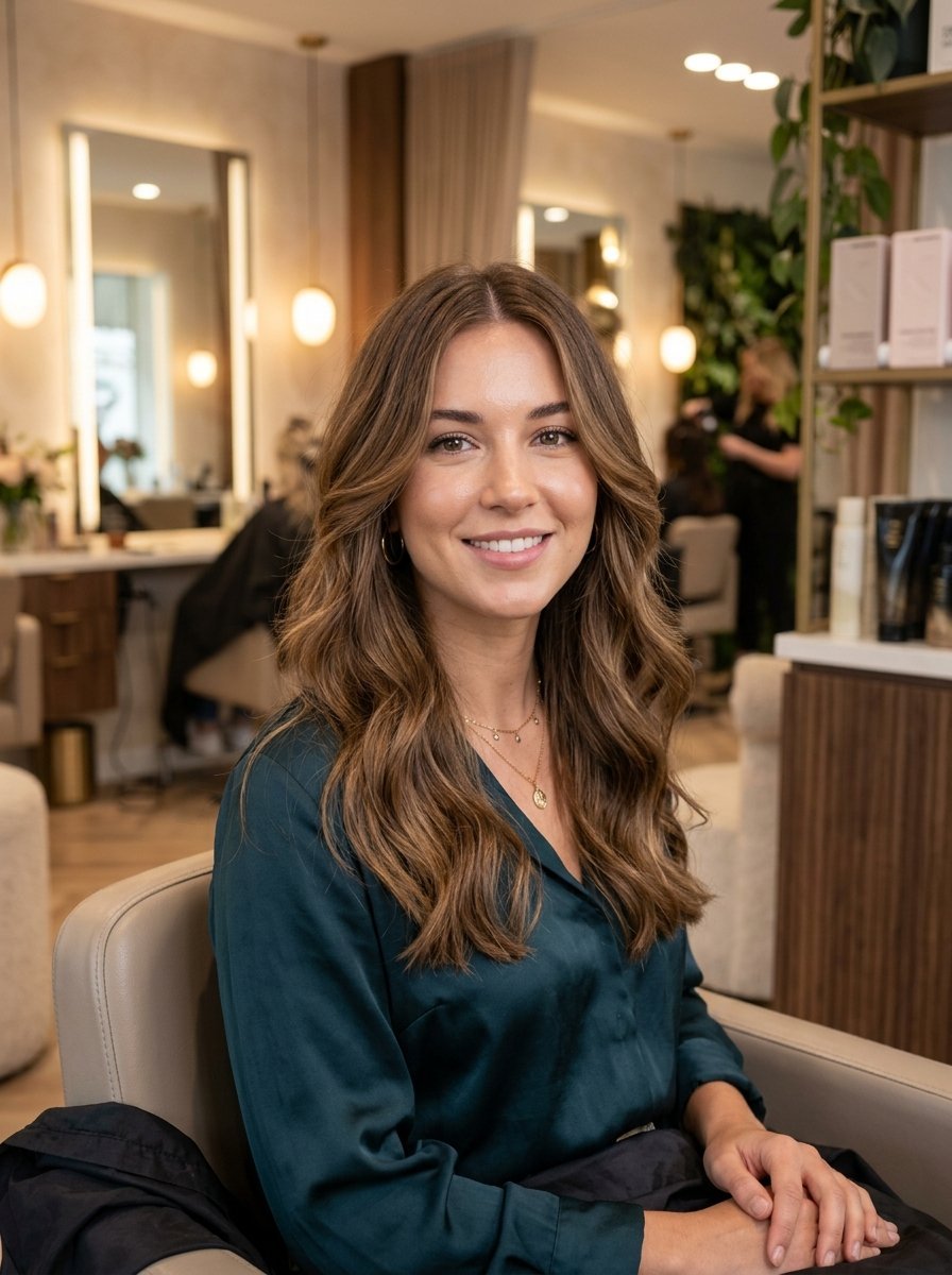 A smiling young woman with wavy brown hair sits in a professional hair salon chair wearing a dark green blouse.