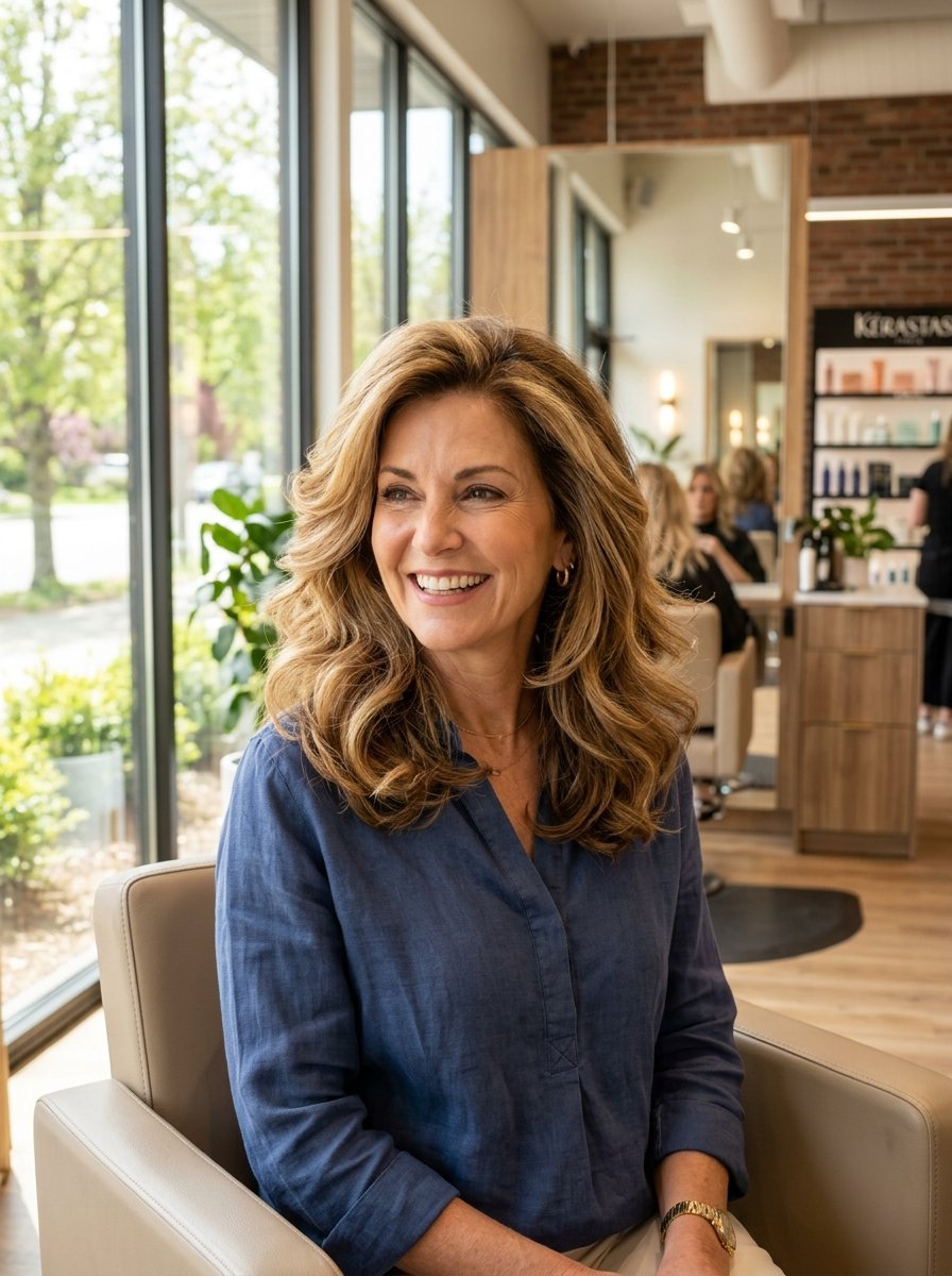 Middle-aged woman with voluminous brown hair smiling while sitting in a modern beauty salon.