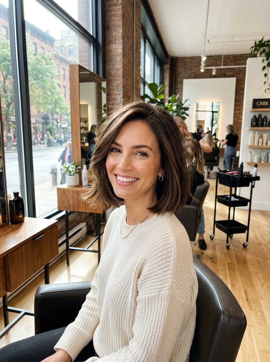 A woman with a shoulder-length brunette hairstyle smiling at the camera while sitting in a bright hair salon.