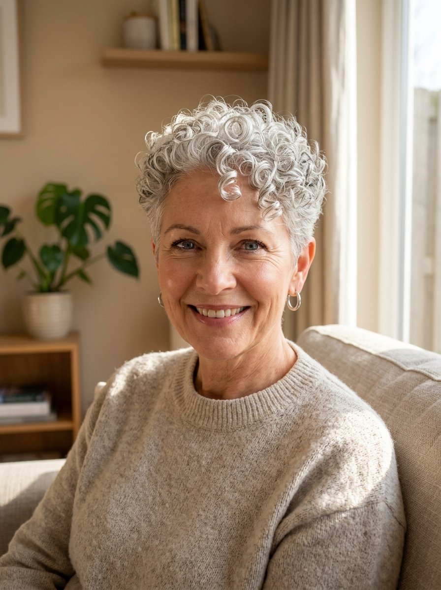 Portrait of a happy mature woman wearing a beige sweater with silver hoop earrings in a sunlit living room.