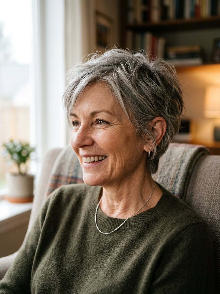 Close up portrait of a smiling mature woman wearing an olive sweater and a silver necklace.