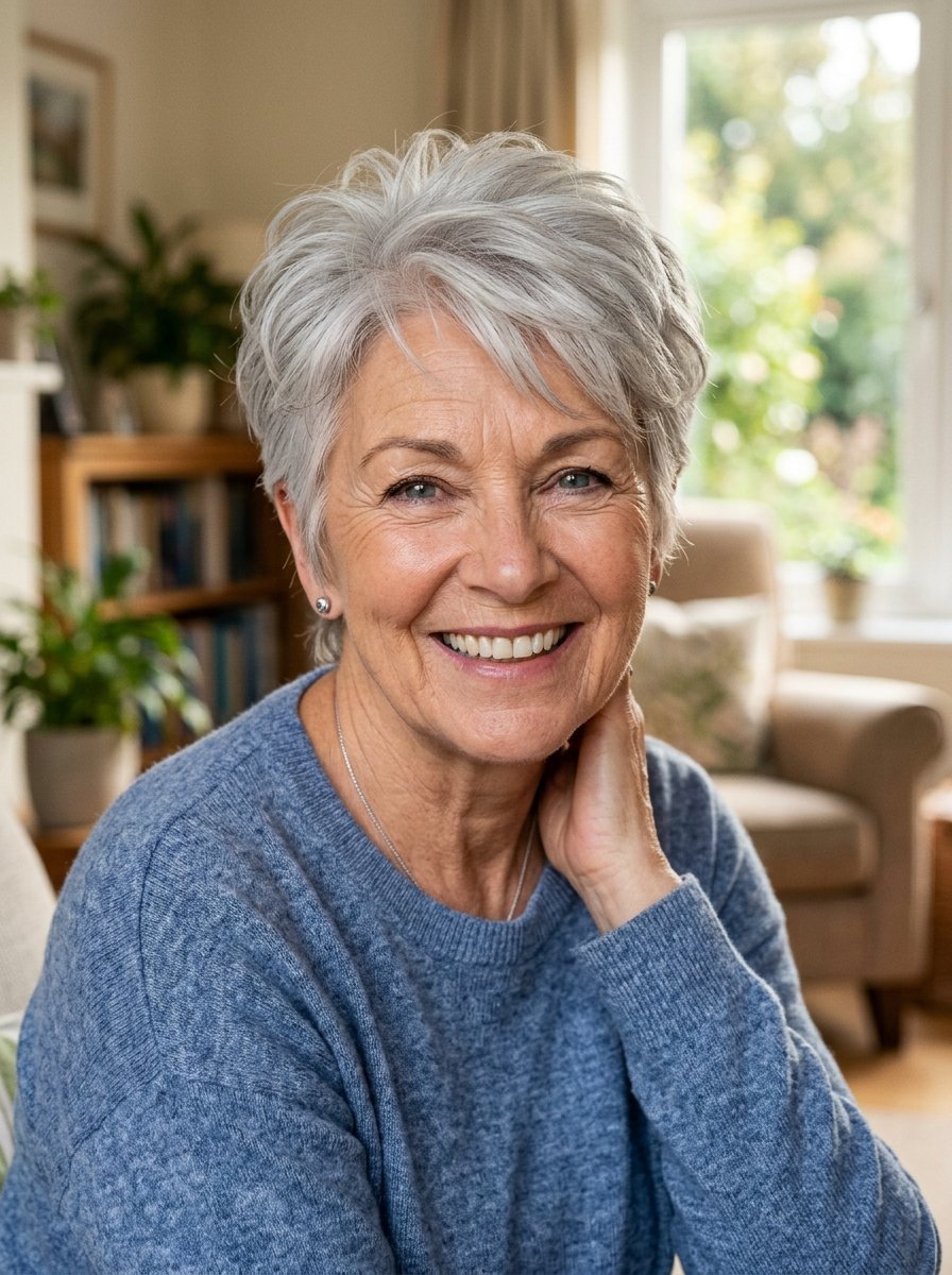 Close up portrait of a smiling mature woman wearing a blue sweater in a brightly lit room.