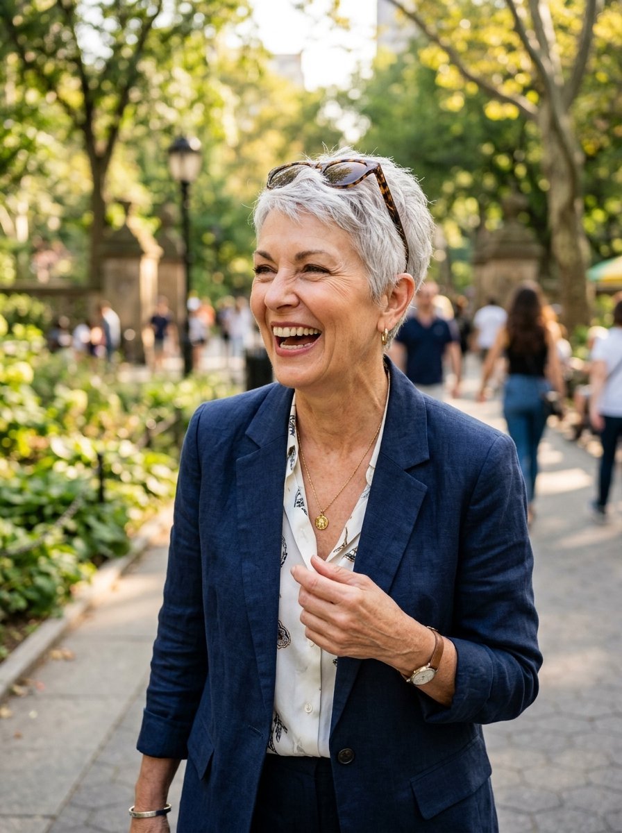 Portrait of a laughing older woman wearing a blue blazer and patterned shirt in a sunlit city park.