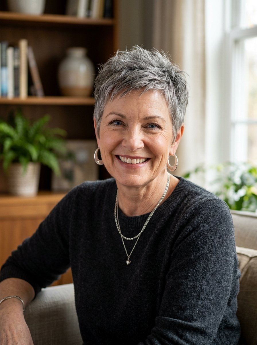 Close-up portrait of a cheerful woman with short grey hair and silver hoop earrings sitting in a living room.