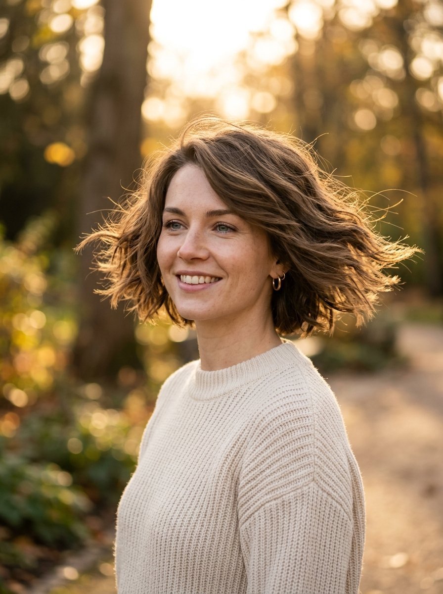 Portrait of a woman wearing a cream sweater with wind-blown hair, captured during golden hour in a park.