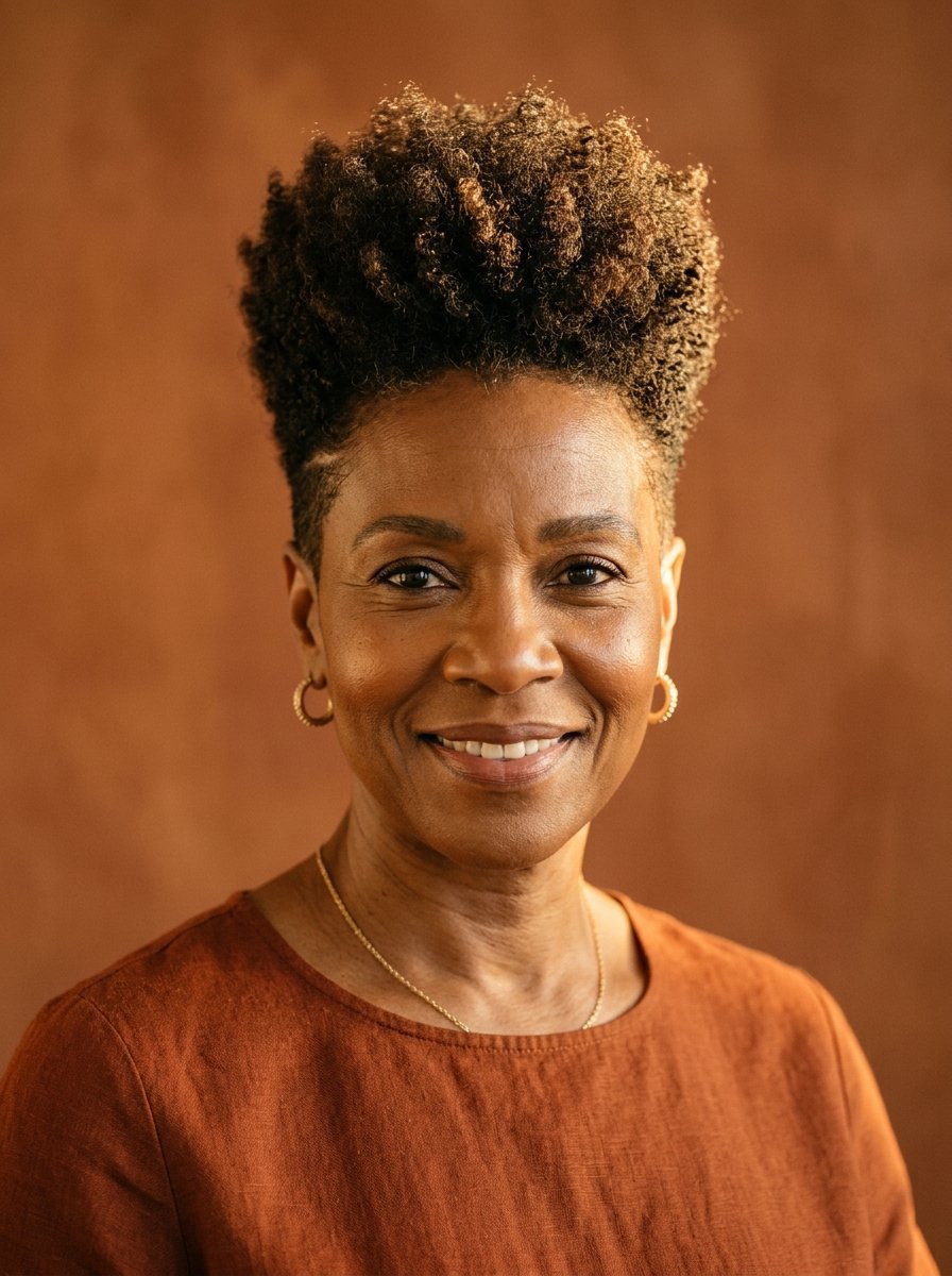 Close up headshot of a smiling middle-aged Black woman with short, textured natural hair against a brown background.