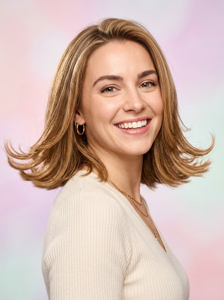 Close-up portrait of a smiling woman with wavy blonde hair and a white top against a soft pastel background.