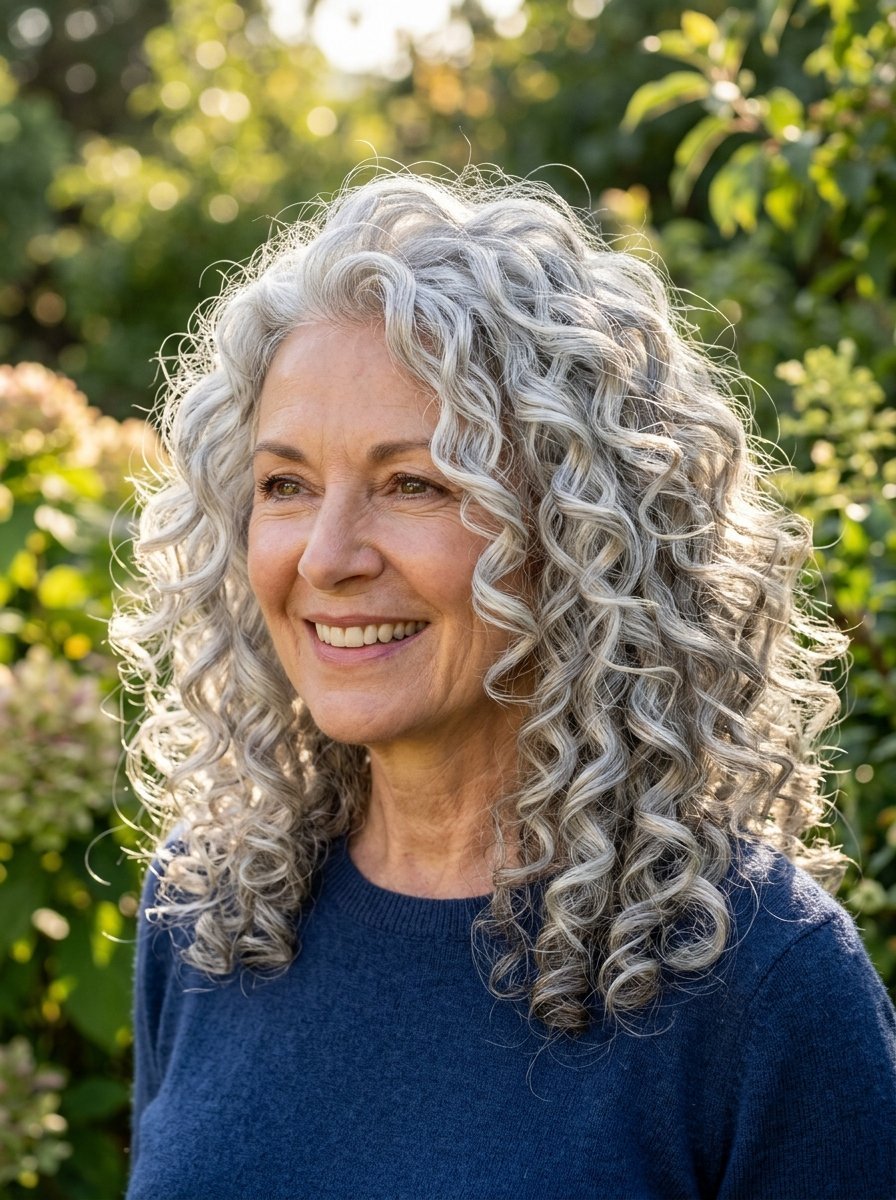 Portrait of a smiling woman with voluminous silver ringlets standing outdoors in front of a green leafy background.