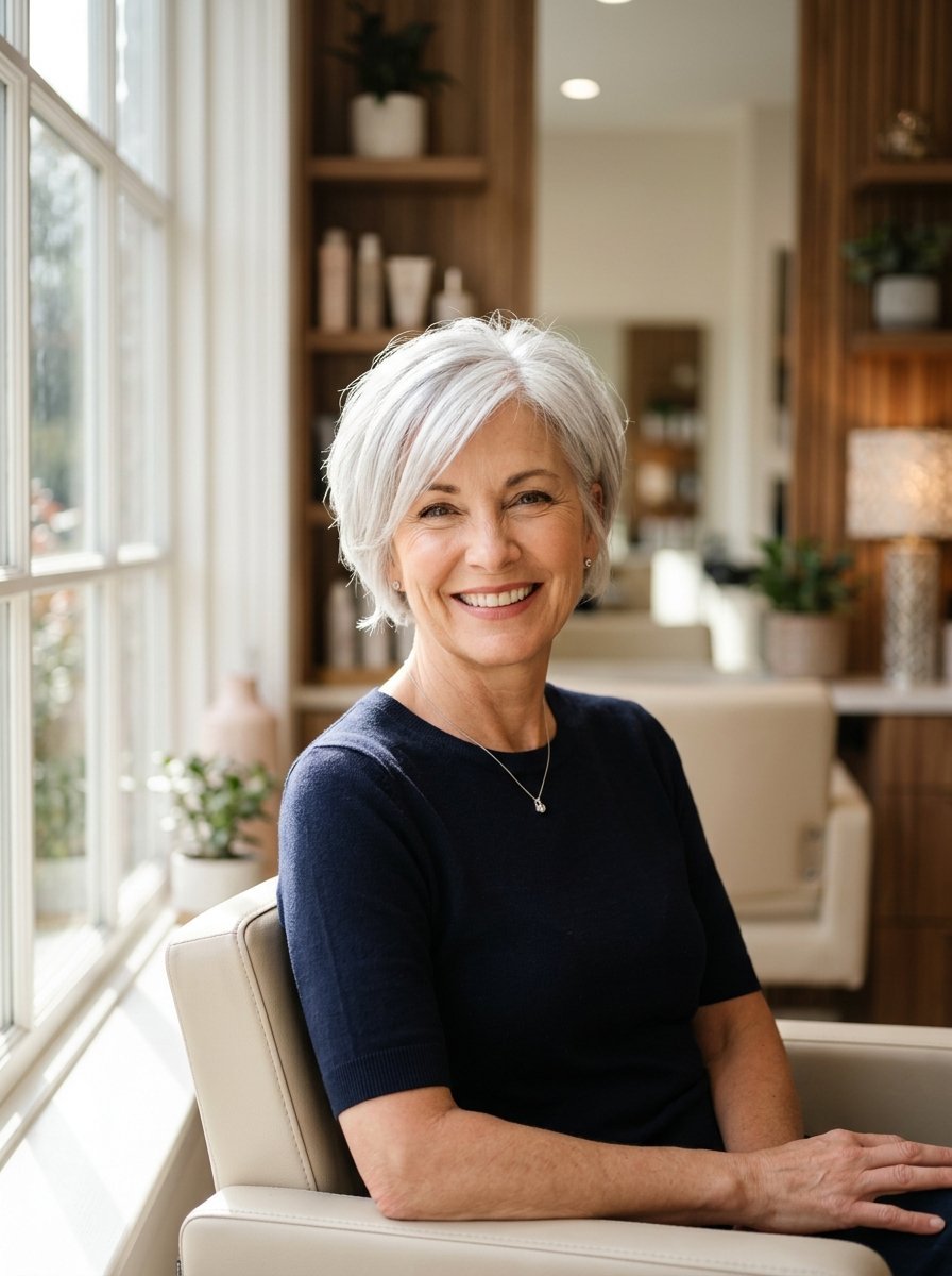 Portrait of a mature woman with a pixie cut sitting in a comfortable salon chair by a window.