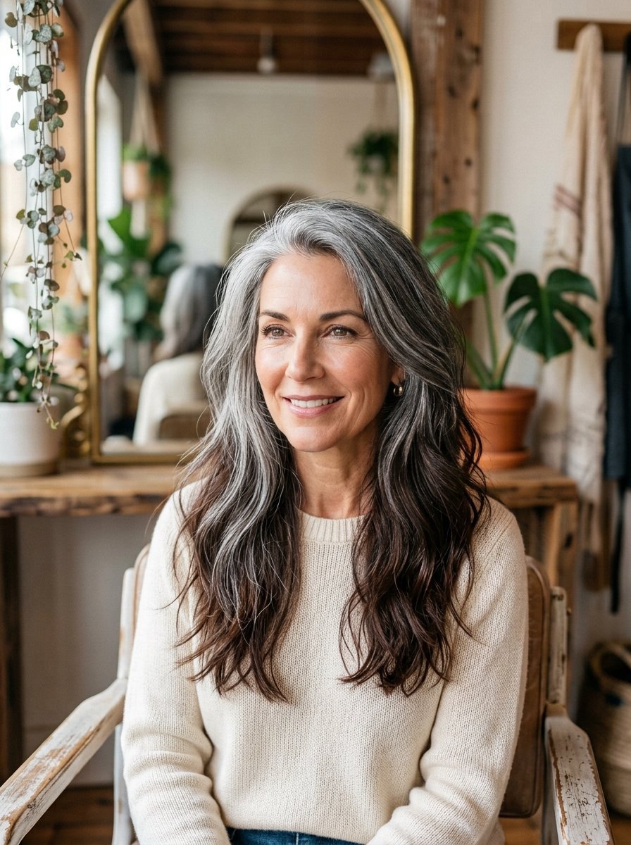 Portrait of a mature woman with long natural grey and brown hair wearing a beige sweater in a sunlit room.