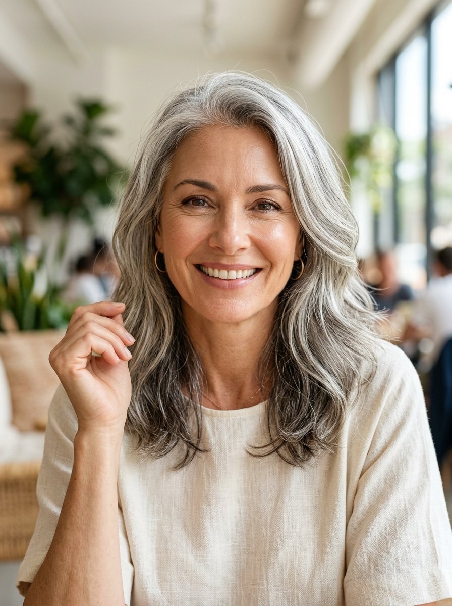 Portrait of a middle-aged woman with shoulder-length grey hair smiling at the camera in a sunlit indoor setting.
