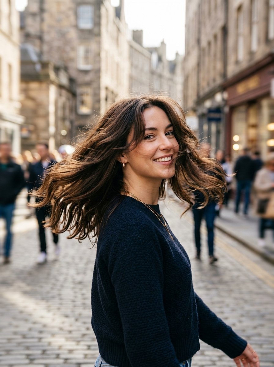 Portrait of a happy girl turning around with windblown hair on a busy city walkway.
