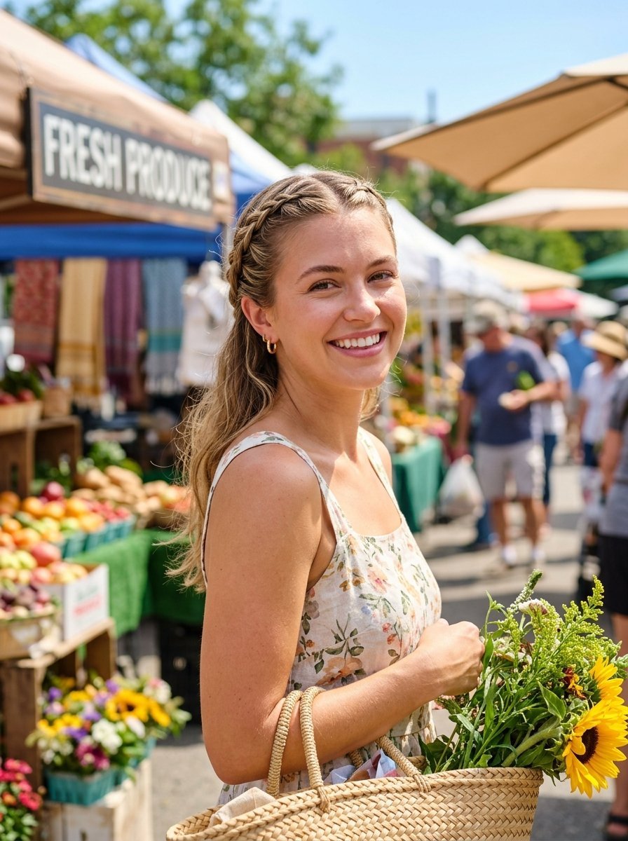 Young woman with braided hair holding a straw basket of sunflowers at an outdoor produce market.